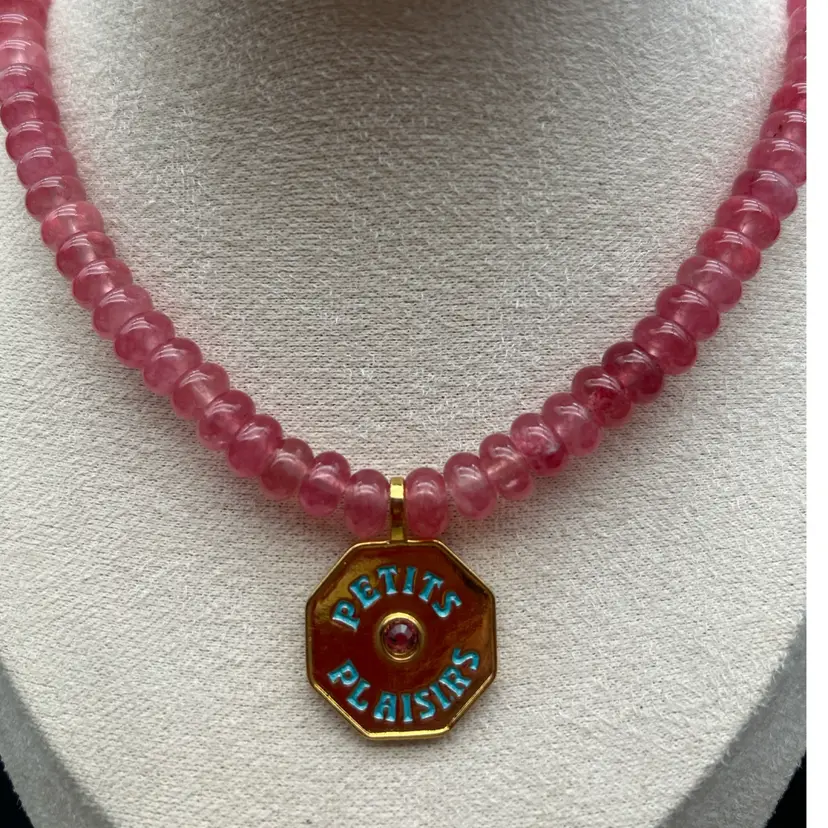 NEW Mayamar Petite Plaisiris Beaded Necklace Cherry Quartz 24K Gold Plated Pendant