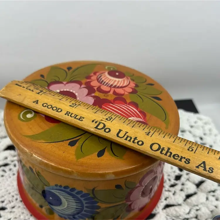 USSR Floral Wooden Handpainted Round Box With Lid