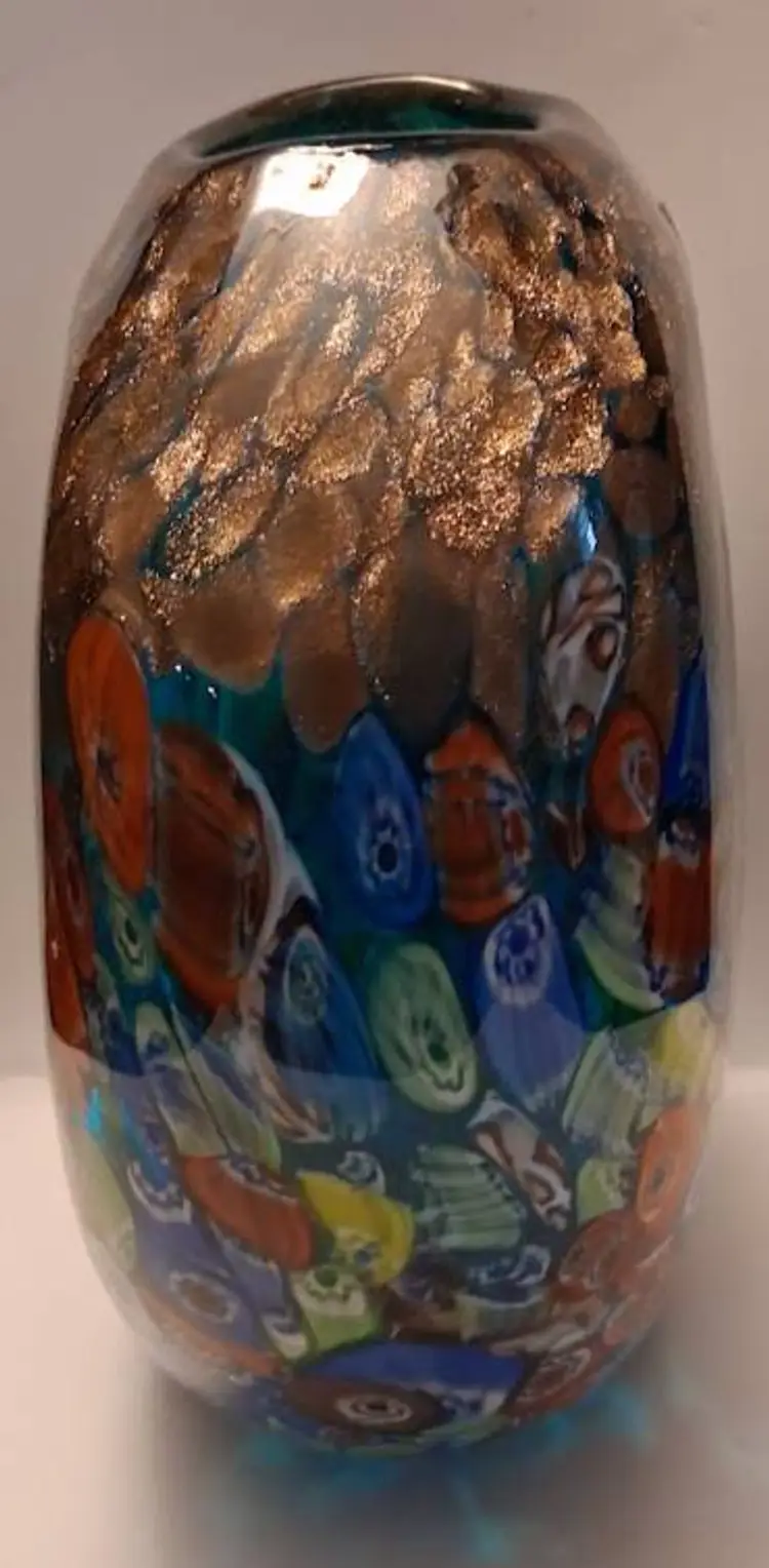 Handblown Gorgeous Teal Blue Art Glass Vase With Heavy Gold Aventurine & Millefiori Design