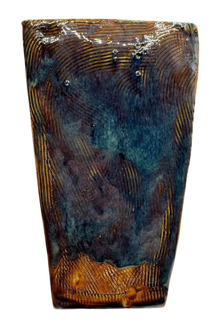 Signed Studio Art Pottery Slab Vase Fern Leaf Blue Tree Frog Green ...
