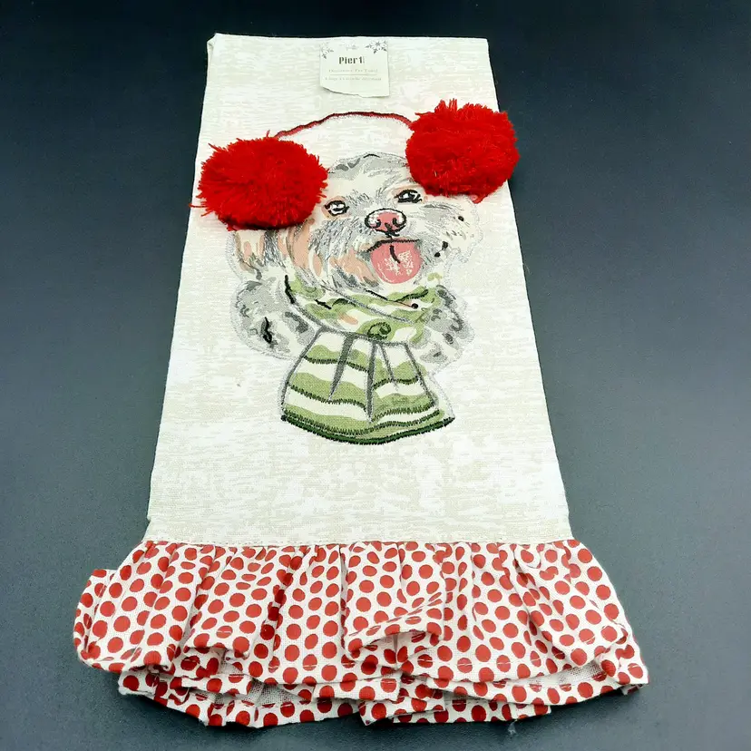 Pier 1 Dog Christmas Earmuffs Scarf Tea Towel Red Polka Dot Ruffleb