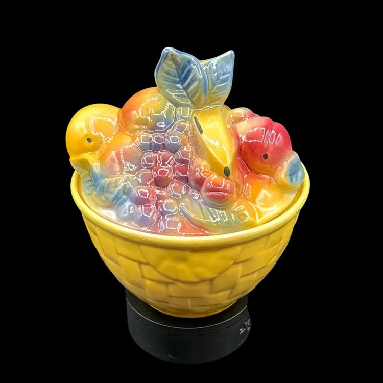 Shawnee Pottery Fruit Top Lidded Basket Weave Lidded Bowl 7” D Stamped No Noted Flaws