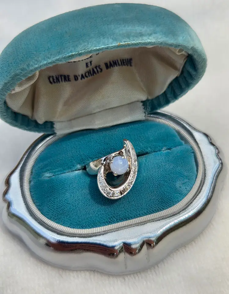 Vtg 14k White Gold Grey Star Sapphire Diamond Mod 60s Cocktail Ring Sz 4 - 4.6g
