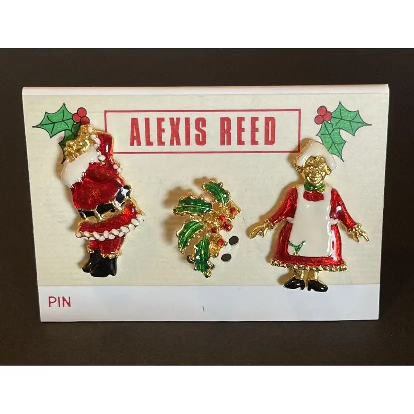 VINTAGE ALEXIS REED CHRISTMAS PIN SET Santa Mrs Claus Mistletoe Holly Brooch NOC Jewelry