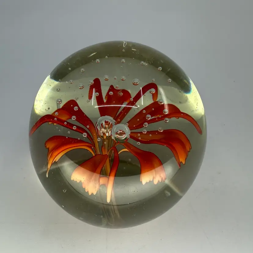 Red Floral Art Glass Paperweight