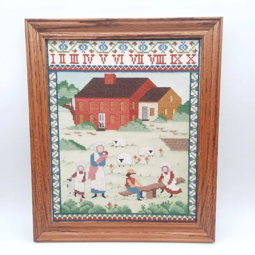 Vintage Framed Cross Stitch Colonial Children Farm Country Scene