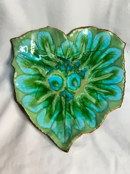 Vintage 1960s Treasure Craft Ceramic Emerald Green / Turquoise Blue Leaf serving tray