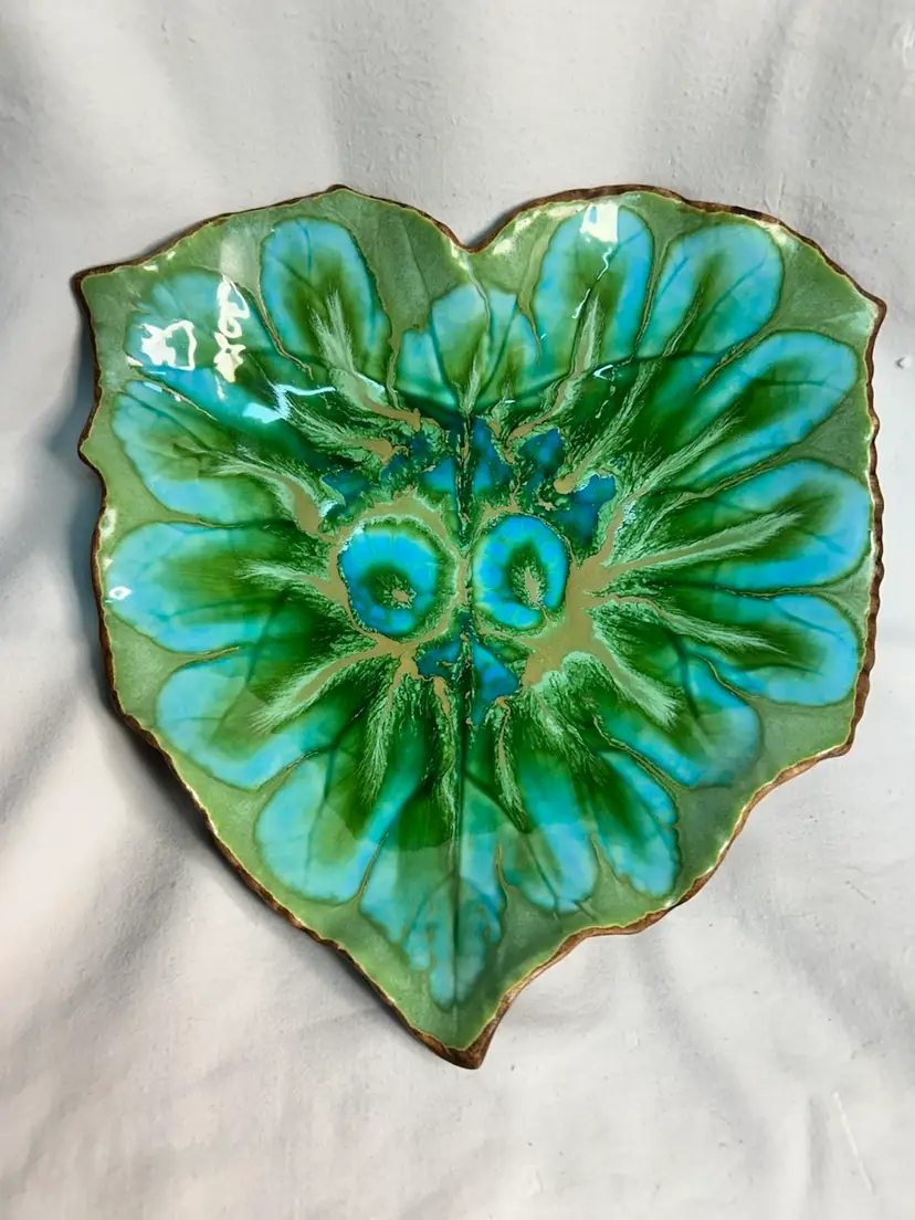 Vintage 1960s Treasure Craft Ceramic Emerald Green / Turquoise Blue Leaf serving tray