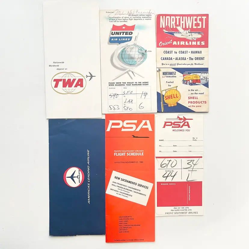 Airlines Ticket Jackets Timetable United American Northwest TWA PSA Vtg 50s 60s