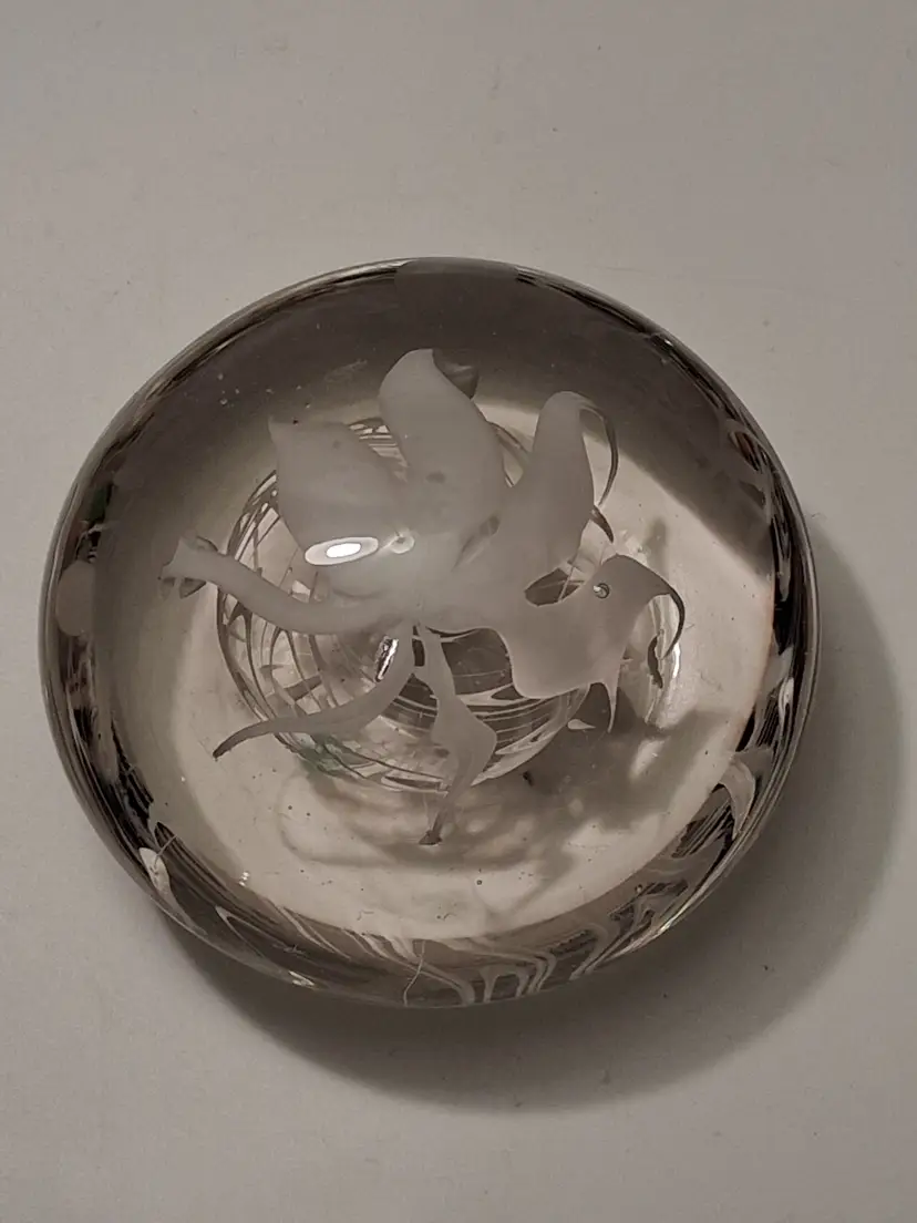 Vintage LEVAY GLASS Art Glass White & Clear Disc Paperweight-Signed!