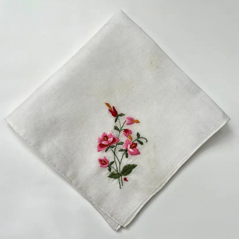 Embroidered Linen Pink Floral Handkerchief Granny Vintage Cottage Core Hand Rolled