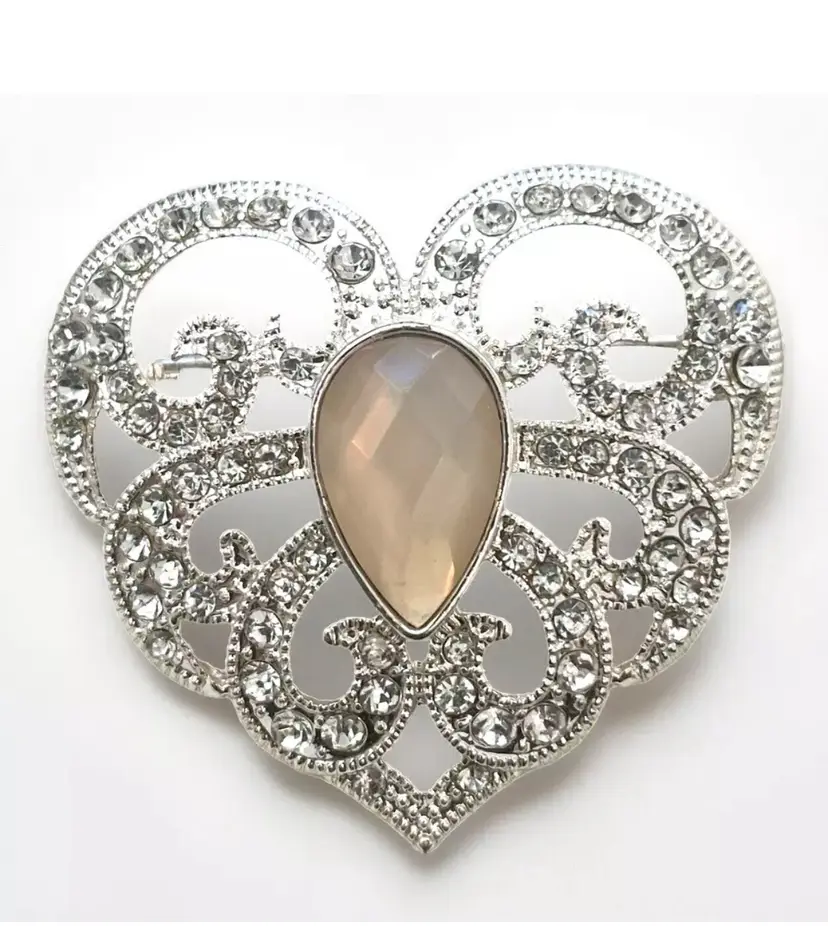 Napier Crystal Paved Ornate Heart Silver Tone Brooch Jewelry Pin 1.75" Wide