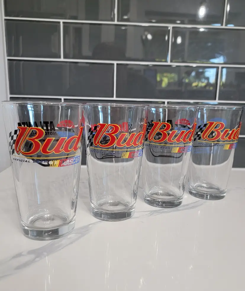 4 Budweiser NASCAR Pint glasses