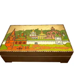 Vintage Russian Hand Painted Footed Carved Wooden Box @8x5x2 1/2