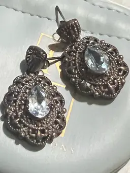 NATURAL Blue Topaz And Marcasite Sterling Silver Ornate Dangle Drop Pierced Earrings, Made By Ross & Simons With Original Box.
