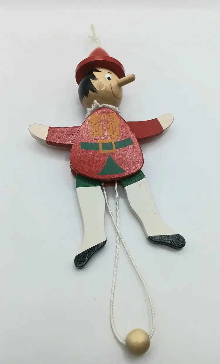 Vintage Wooden Christmas Pinocchio Jumping Jack Pull Toy WORKS!