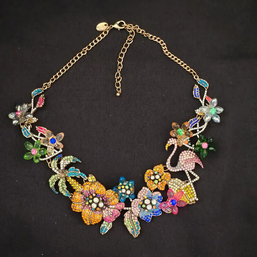 Rhinestone Floral Flamingo Necklace Statement Multicolored Unbranded +12" Long