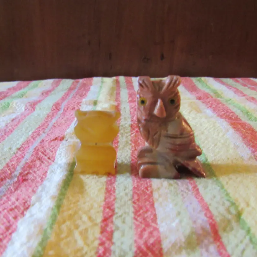 2 Mini Carved Stone Owl Figurines