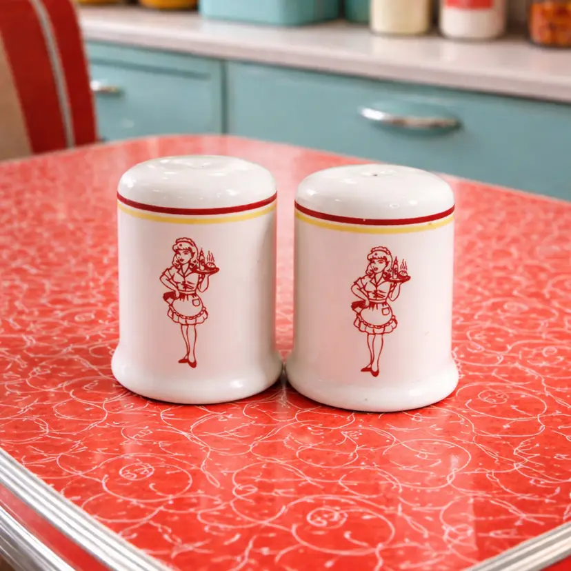 Vtg Retro 1950s Diner Waitress Salt & Pepper Shakers Red & Yellow Stripes Set 2