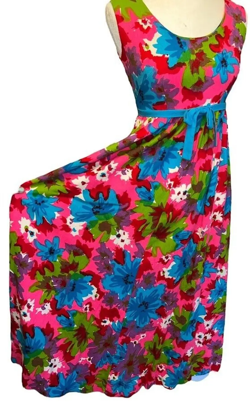 1960s Pink Casual Girl Reef Towers Empire Waist Hawaiian Floral Dress Sz Medium