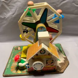 VTG Fisher Price Little People 1966 Ferris Wheel w/ 3 Wooden People + Dog  Works