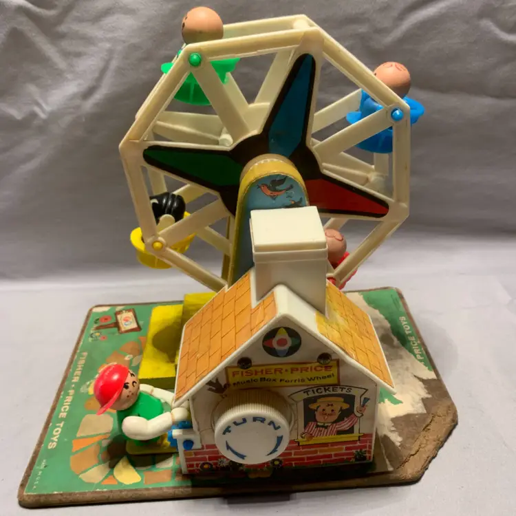 VTG Fisher Price Little People 1966 Ferris Wheel w/ 3 Wooden People + Dog  Works