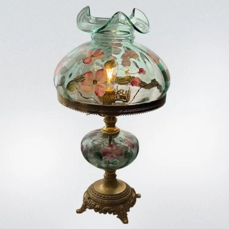 Vintage Fenton 22” Vining Garden On Sea Mist Green Hurricane Lamp Hand painted by D. Anderson