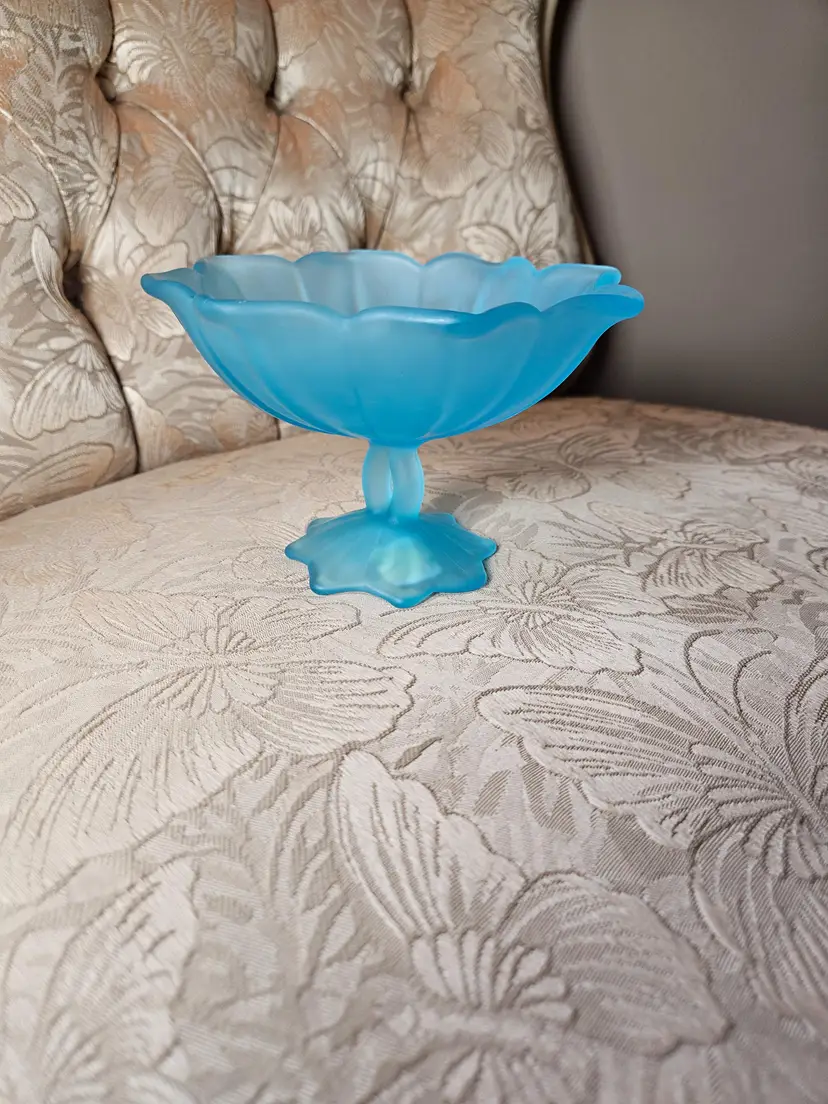 Vintage Westmoreland Glass  Blue Satin Mist Lotus Flower Footed Bowl Compote