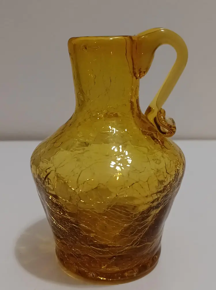 Vintage Amber Hand Blown Crackle Glass Vase With Applied Handle; IT GLOWS!
