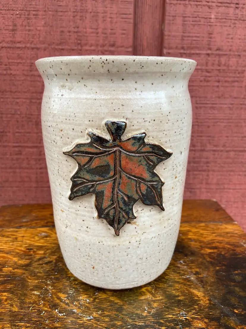Pottery Crock / Utensil Holder With Applied Maple Leaf. Stamped Lost Highway Pottery, Vergas, Minnesota.