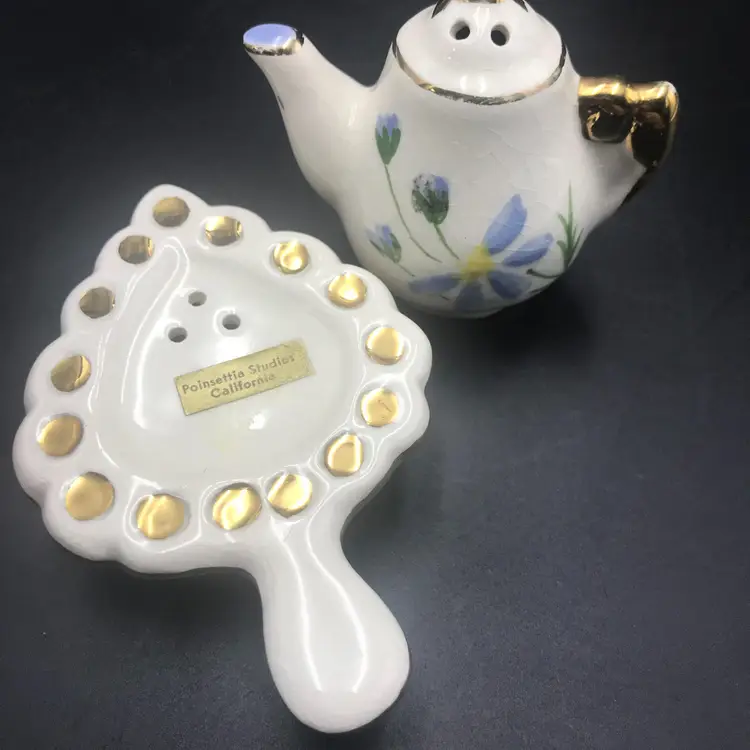 Vintage Poinsettia Studios Teapot and Trivet Salt and Pepper Shakers Made in California