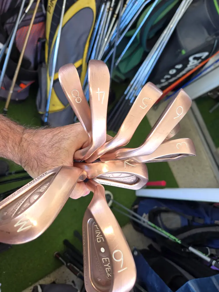 Men's Left-handed PING EYE2 BE-CU white dot Golf iron set (3-9, W) and matching serial numbers, with good grips