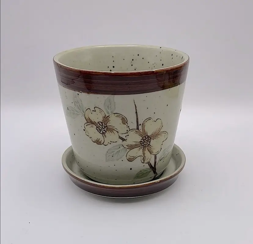 Vintage, Ceramic, Speckled Flower Pot with Pale Yellow Flowers, Light Green Leaves, Brown Trim