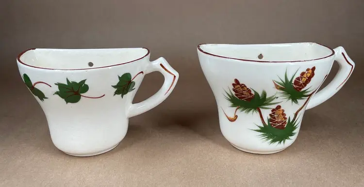 Coffee Cup Wall Pockets with Handles Green Leaves and Pine Cone Wall Decor