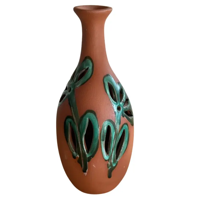 Mexican terra-cotta and green cut out flowers Vase