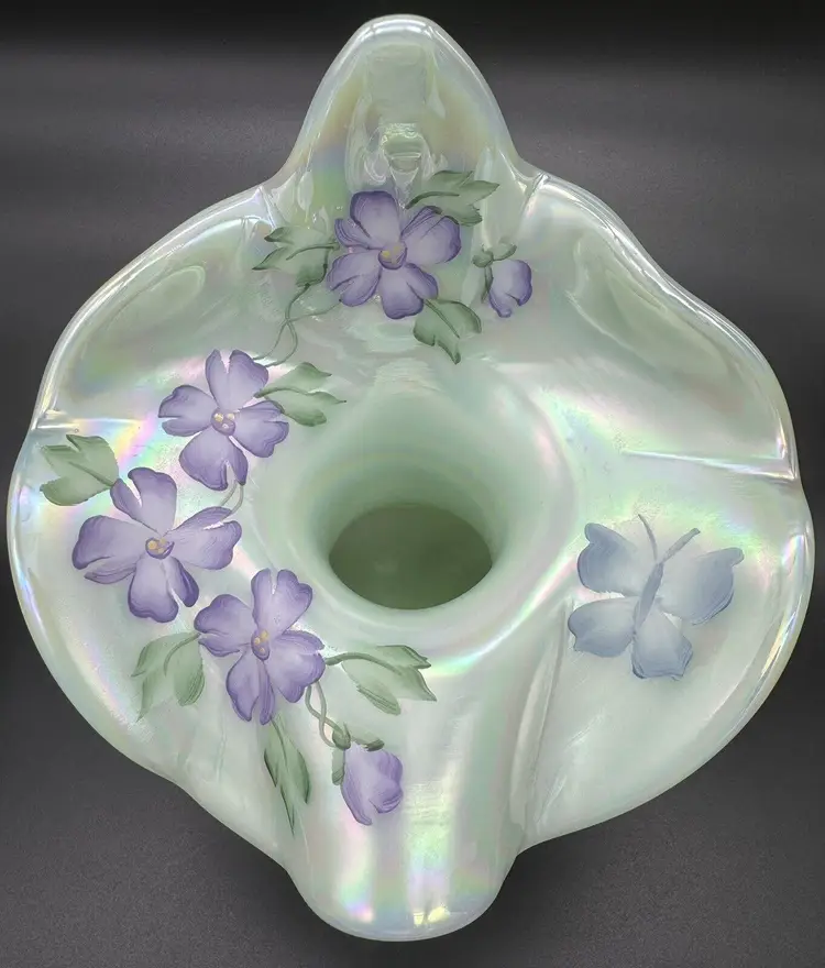 Fenton Glass Vase Jack In The Pulpit Iridescent Green Hand Painted With Flowers & Butterfly