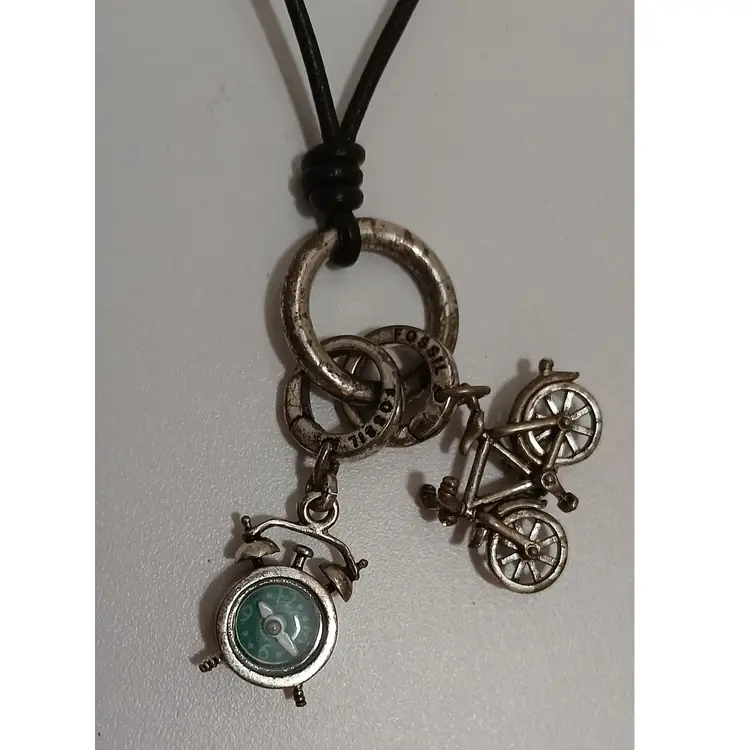 Fossil Brand Necklace With Bicycle And Clock Charms On Leather Cord; FUN!