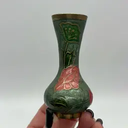Brass Enameled Cloisonné Green Bud Vase | 3”