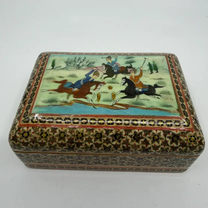 Vintage Persian Polo Micro Mosaic Marquetry Inside And Out Wooden Trinket Box