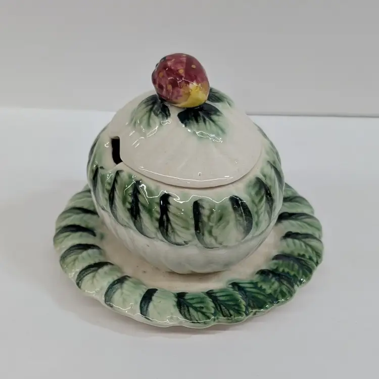 Vintage Strawberry Jam Jelly Sugar Dish With Lid Figural Handle Hand Painted