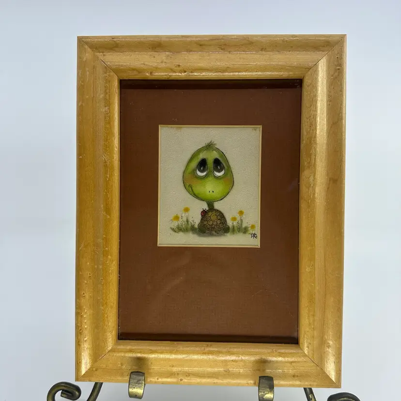 Vintage ORIGINAL Hand Colored Turtle With A Ladybug Wooden Frame