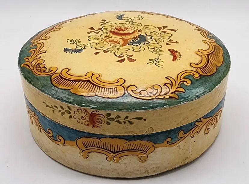 Antique Made in Japan Papier-Mache Hand Painted Floral 7" Round Storage Box