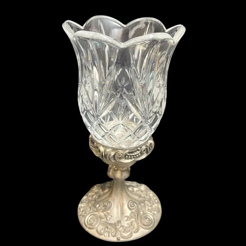 Godinger Vintage Silver Plate Candleholder with Removable Crystal Tulip - 7” H, Base And Tulip 3.25” Diameter