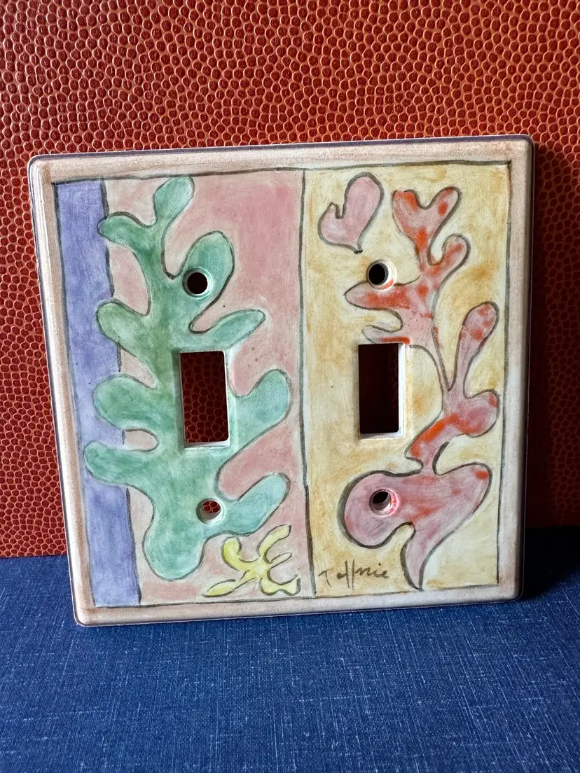 Vintage Hand Painted Standard 2 Switch Plate With Plastic Screws 4”x4 Ceramic Signed 1/4” Light Switch Plate