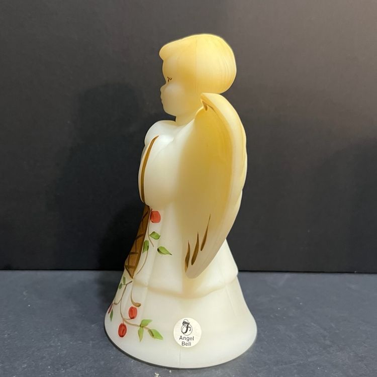 Fenton Hand Painted Boy Angel Bell "Twining Berries", Signed ~6” x 3.75” x 3”