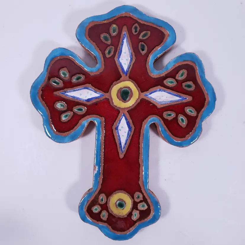 Large TALAVERA Mexican Southwest Folk Art Red Hand Painted TERRACOTTA CROSS