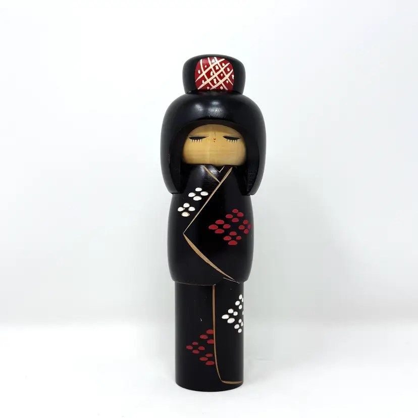 Black Wood Kunio Miyakawa Kokeshi Doll Hand Painted Japan 8.5 Inch (0034-26)