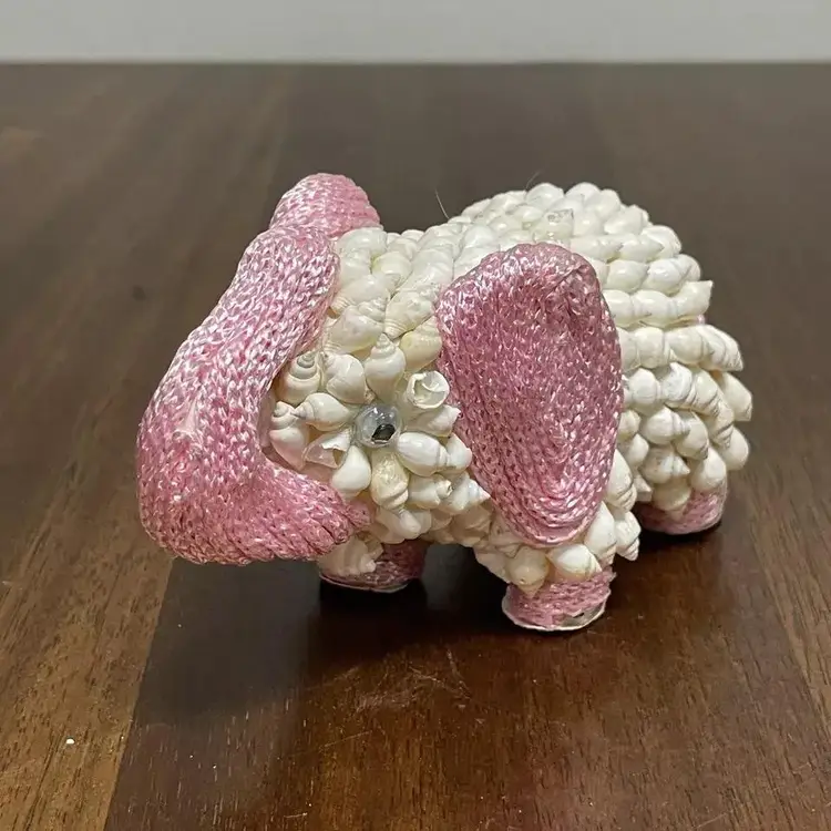 Sea Shell Encrusted Elephant With Pink Trim & Googly Eyes Vintage Folk Art