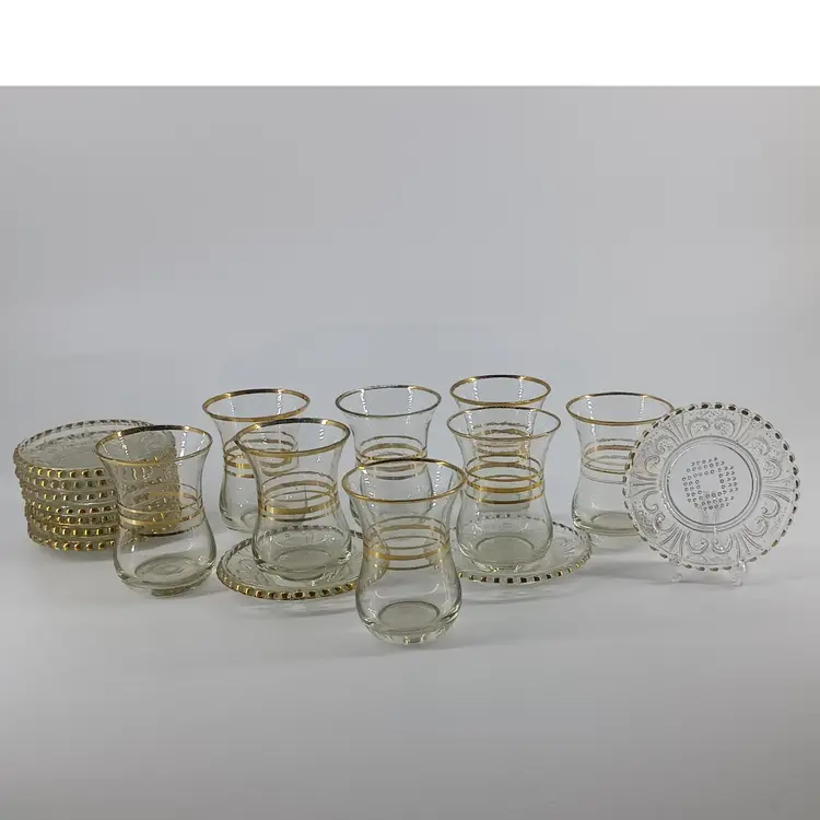 Hand Blown Glass Turkish Coffee/Teacup and Saucer Set with Gold Striping