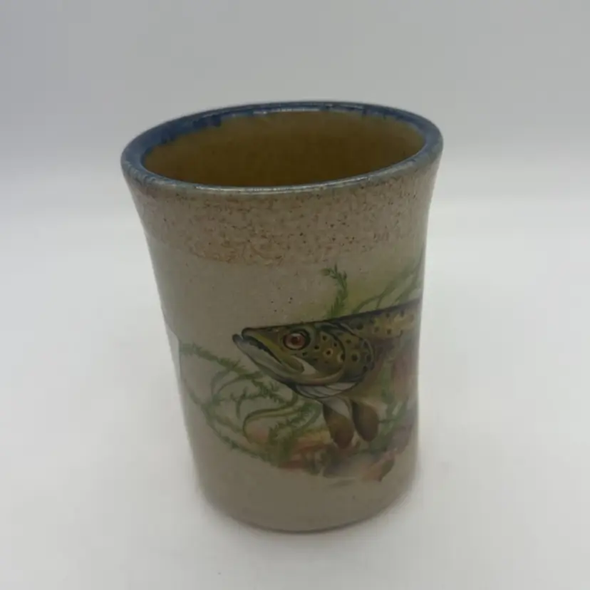 Monroe Salt Works Salt Glazed Pottery Mug Rainbow Trout Fish 10 Oz USA Blue Rim